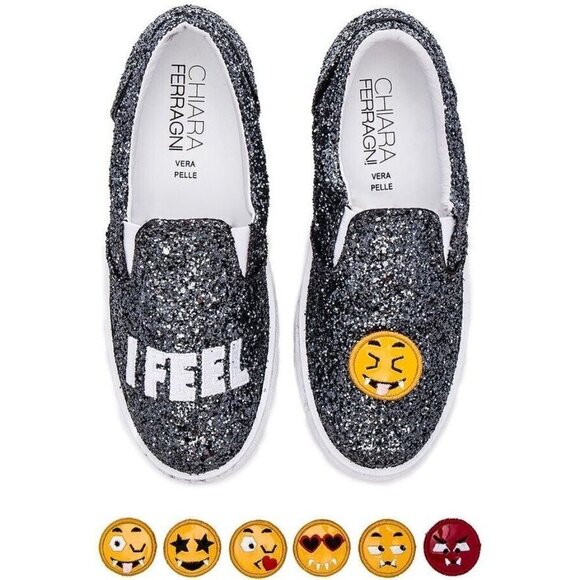 Chiara Ferragni I Feel Flat Glittered Emoji Sneakers 39 9 Silver - Picture 2 of 10